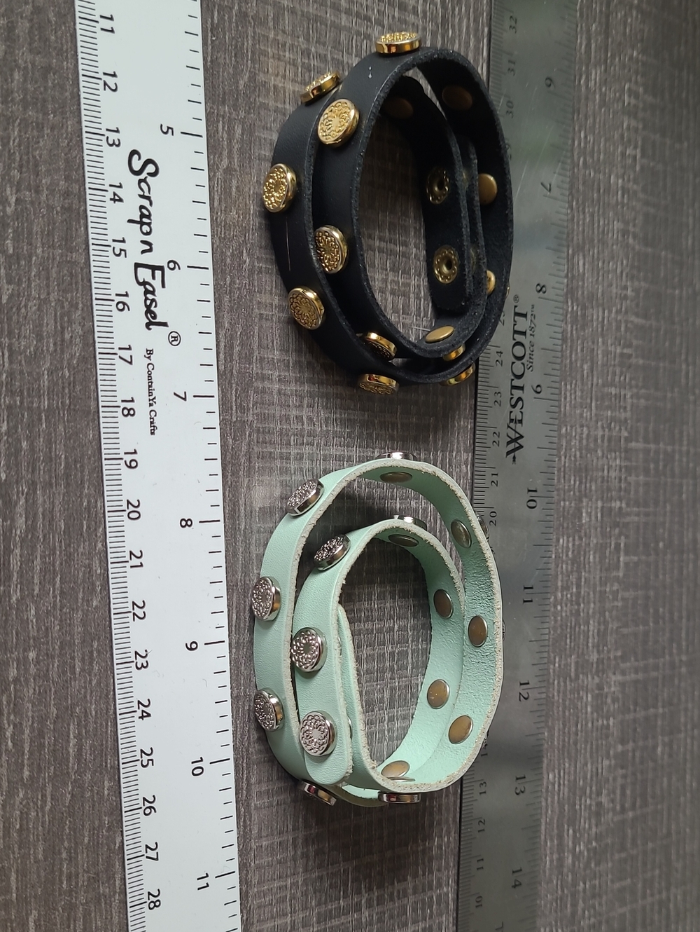 South Hill Designs Studded Double-Wrap Leather Bracelet Duo - Black & Mint